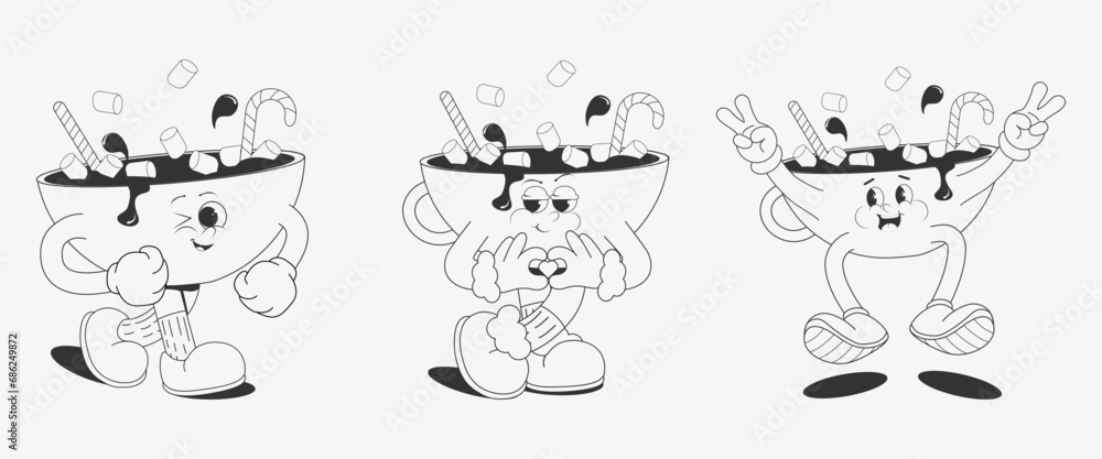 Monochrome set of cartoon, Christmas cocoa in different poses, isolated on a white background. Funky vector illustration in a funny retro style of old comics of the 50s-60s.Prints, stickers.