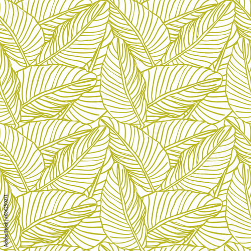 Fototapeta Naklejka Na Ścianę i Meble -  Exotic leaves, line art tropical strelitzia floral seamless pattern black and white color. Vector background for prints, fabric, wallpapers, wrapping paper, poster, card