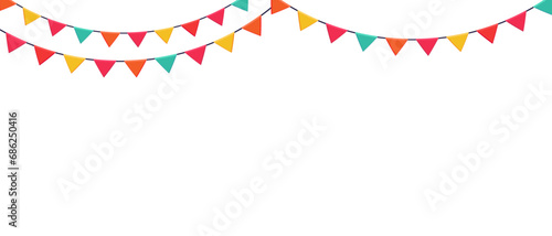 Garland of colored flags horizontal banner. Festive vector background in flat cartoon style on a white background.