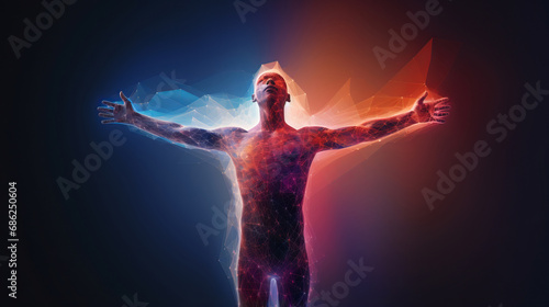 Silhouette of man radiates vibrant multicolored aura signifying fusion of physical and mental well being, sense of harmony representing unity of body and mind in achieving true health, inner glow