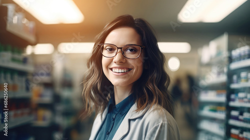 Courteous smiling female pharmacist in white coat assists clients in pharmacy providing advice and help with medications, knowledgeable pharmacist care of customers health