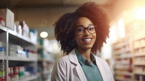 Courteous smiling black female pharmacist in white coat assists clients in pharmacy providing advice and help with medications, knowledgeable pharmacist care of customers health photo
