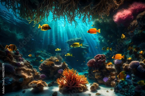 "Generate a surreal underwater world background with colorful coral reefs, exotic fish, and shafts of sunlight penetrating the depths. © Mazhar