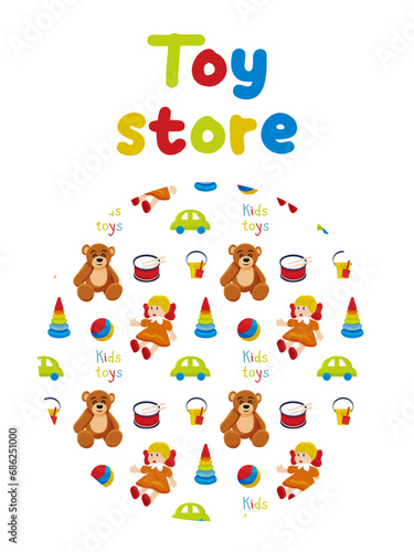 Fototapeta Naklejka Na Ścianę i Meble -  Kids toys banner. Flyer for store, playroom. Colorful vector illustration
