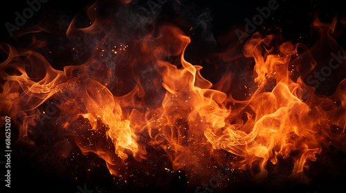 Intense Fire Texture on Black Background: Abstract Fiery Glow and Burning Embers - Dark and Hot Inferno Concept for Artistic Designs and Creative Compositions.