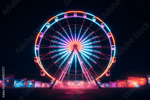 Neontraum in der Nacht - Langzeitbelichtetes Riesenrad in lebendigen Neonfarben im Jahrmarktspaß photo