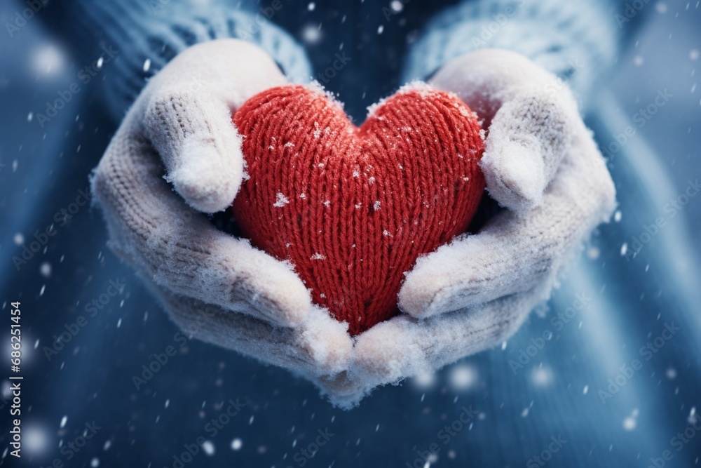 hands in knitted mittens shaping a heart from snow