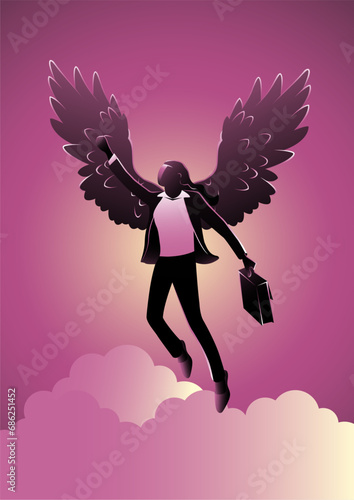 A Businesswpman with wings flying in the sky. Vector Illustration