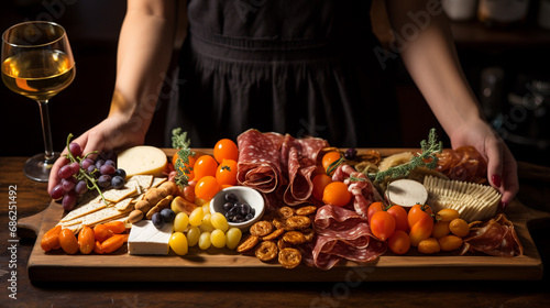Women's hands hold wine and meat board. antipasti or tapas. ai generative