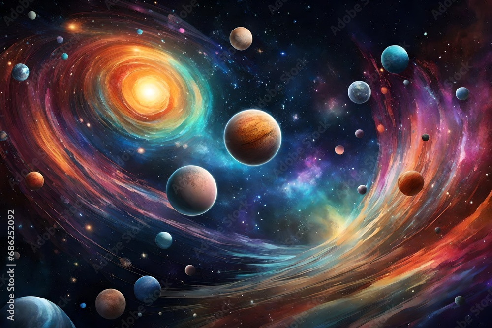 Craft a dynamic outer space background with swirling galaxies, planets, and a cosmic array of colors.
