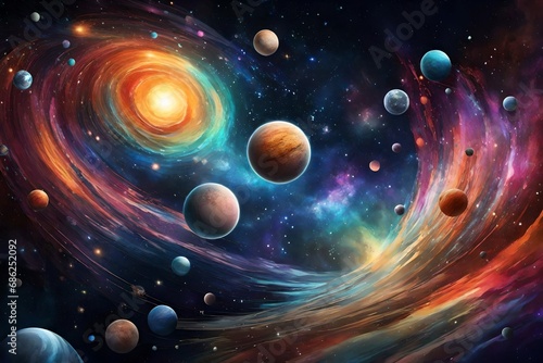 Craft a dynamic outer space background with swirling galaxies, planets, and a cosmic array of colors."