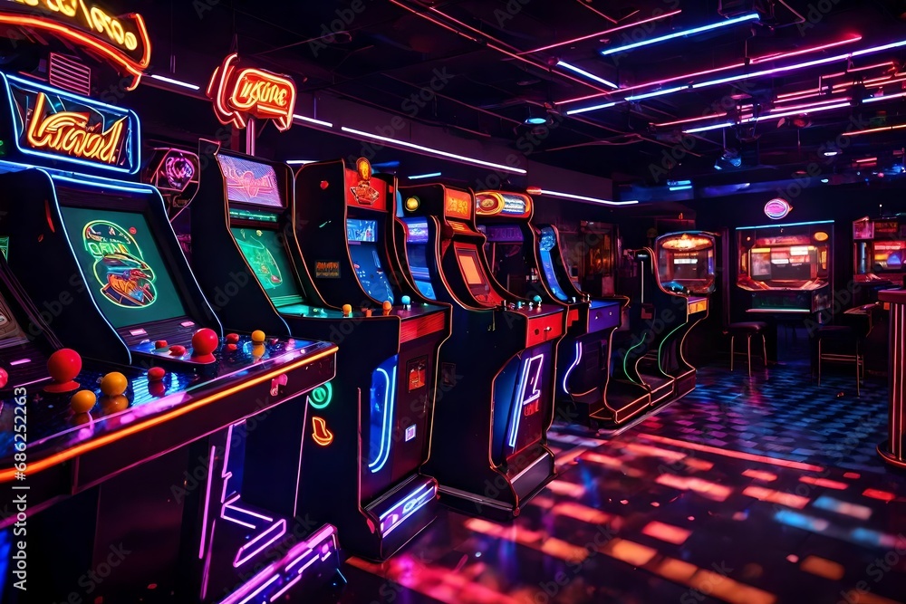 Imagine a retro arcade background with neon lights, classic gaming ...