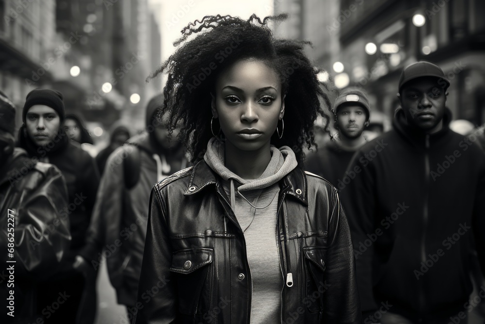 Black community woman in the street looking to camera, black and white photo