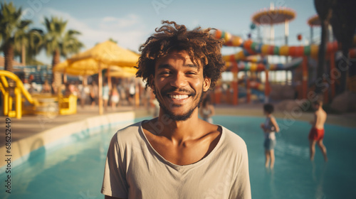 smiling man looking at the background of a swimming pool in an amusement park. ai generative