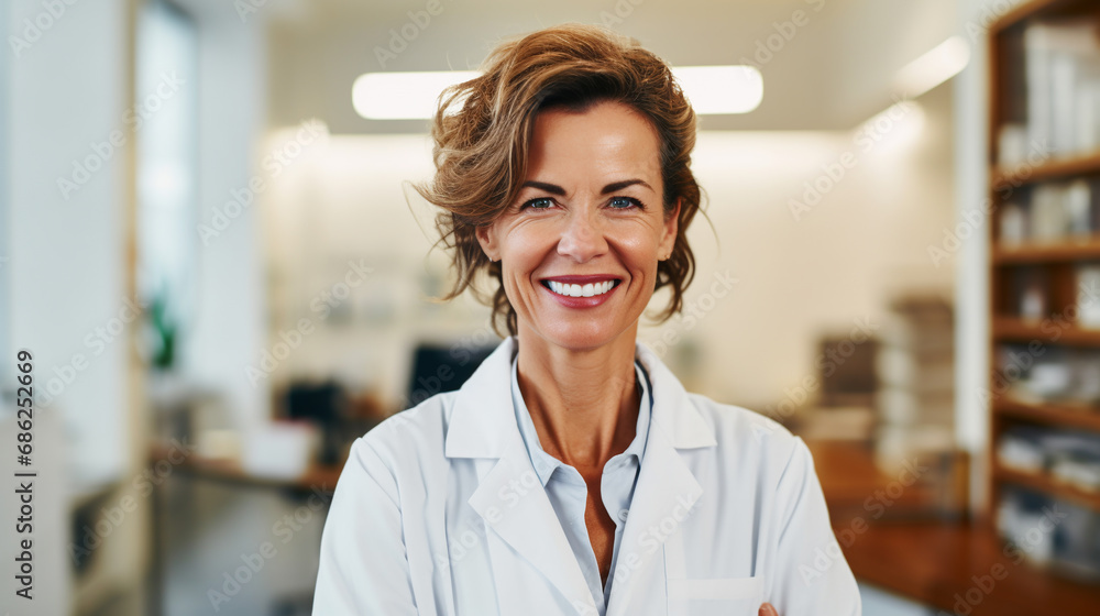 Portrait of a mature female doctor smiling at the camera while standing against a clinic background. ai generative