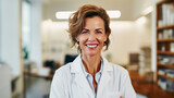Portrait of a mature female doctor smiling at the camera while standing against a clinic background. ai generative