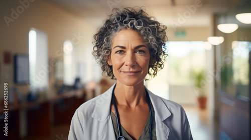 Portrait of a mature female doctor smiling at the camera while standing against a clinic background. ai generative photo
