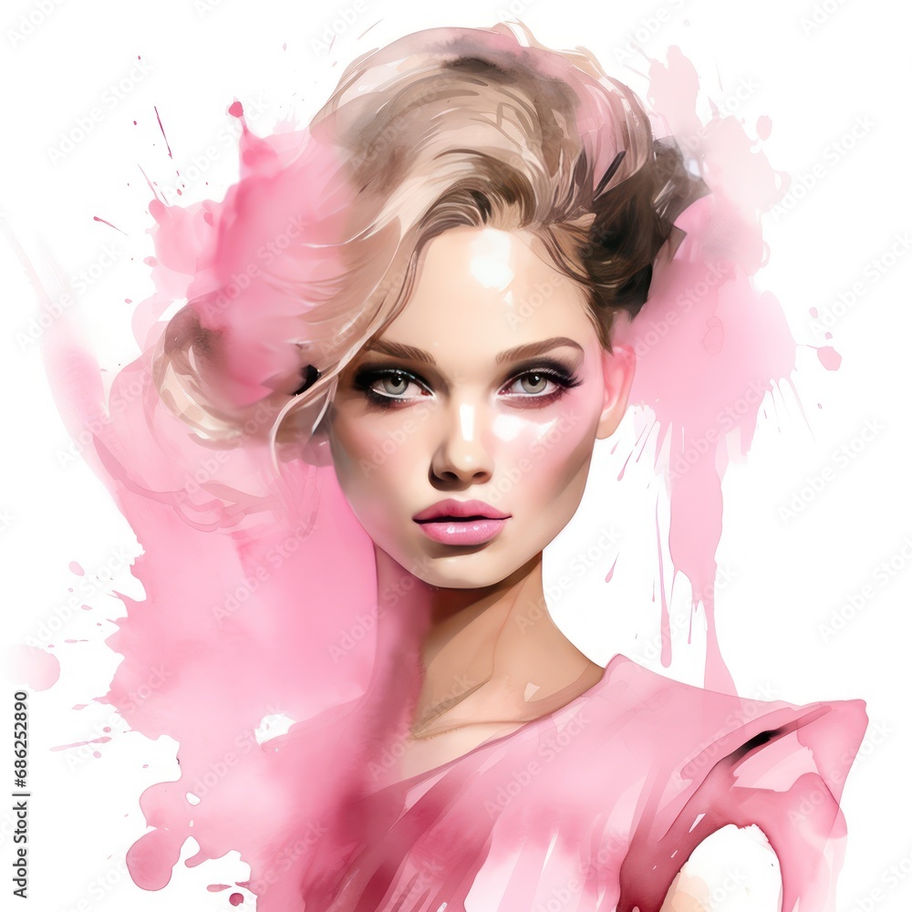 Pink Fashion Girl in Modern Elegance Watercolor