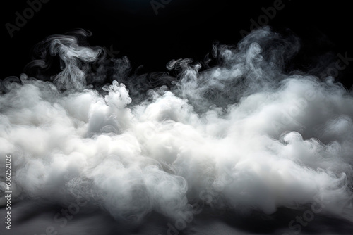 A cloud of white smoke on a black background. Thin smoke, some areas of which seem thicker than others. Generative AI thick fog that expands over the surface