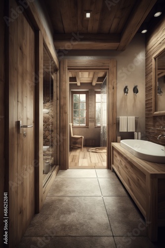 Modern interior of bathroom in Swiss chalet.