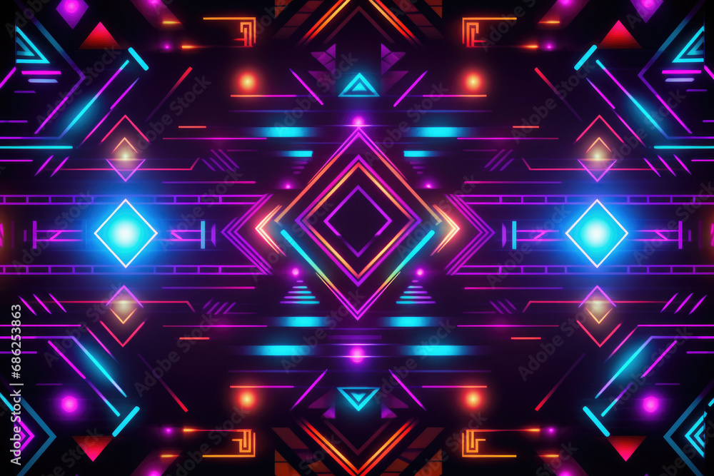 Aztec geometric pattern neon background in traditional ornamental ethnic style Aztec geometric pattern neon background in traditional ornamental ethnic style