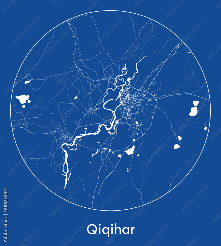 City Map Qiqihar China Asia blue print round Circle vector illustration