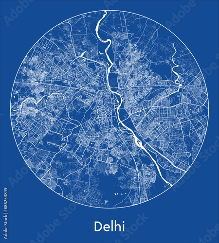 City Map Delhi India Asia blue print round Circle vector illustration