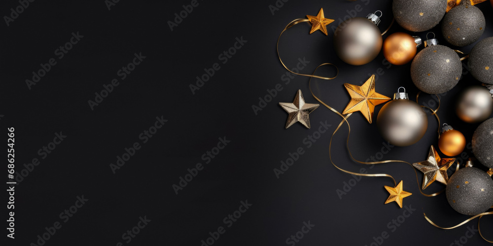 New Year's Balls And Stars On A Black Background For Cards And Congratulations Created With The Help Of Artificial Intelligence New Year's Balls And Stars On A Black Background For Cards And Congratulations Created With The Help Of Artificial Intelligence
