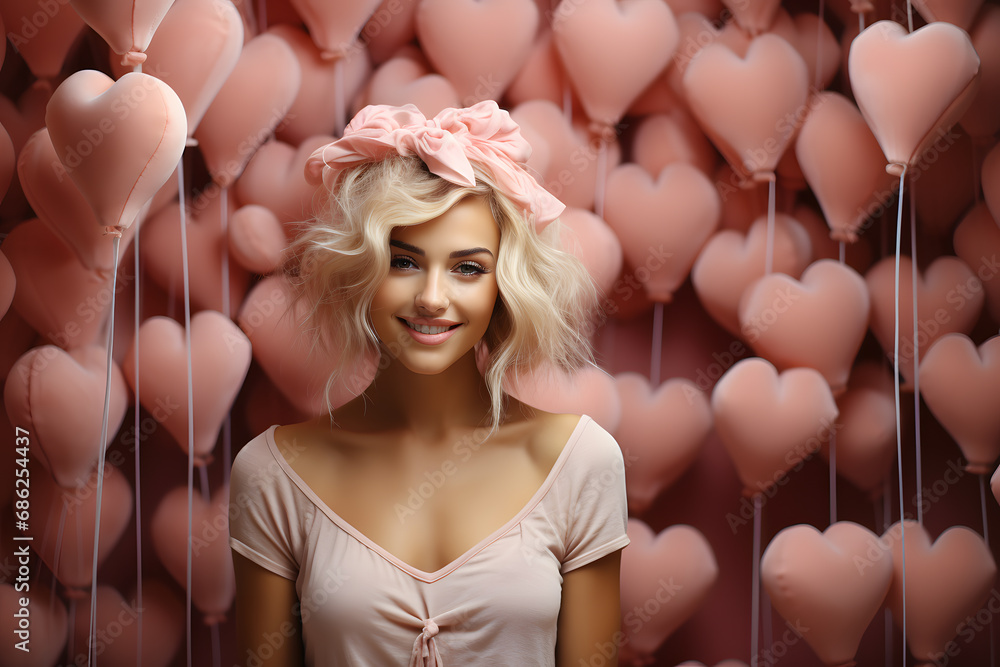 Portrait of a young woman with heart-shaped balloons in the background. Valentine's day concept. Romantic background.