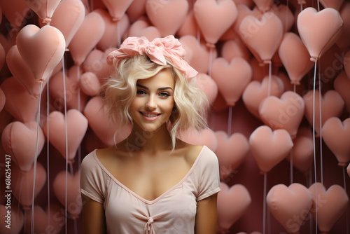 Obraz na płótnie Portrait of a young woman with heart-shaped balloons in the background. Valentine's day concept. Romantic background. w salonie
