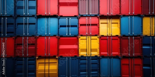 Stacked cargo containers in bold colors, the lifeblood of trade. photo