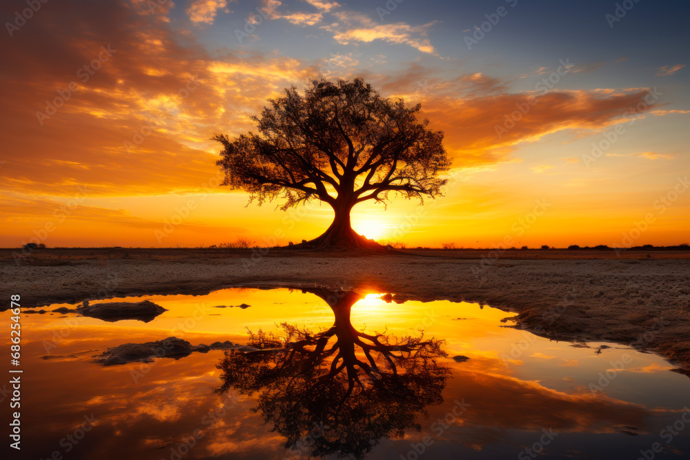reflection lonely tree in the water in the African desert against the backdrop of the orange sunset sun generative ai