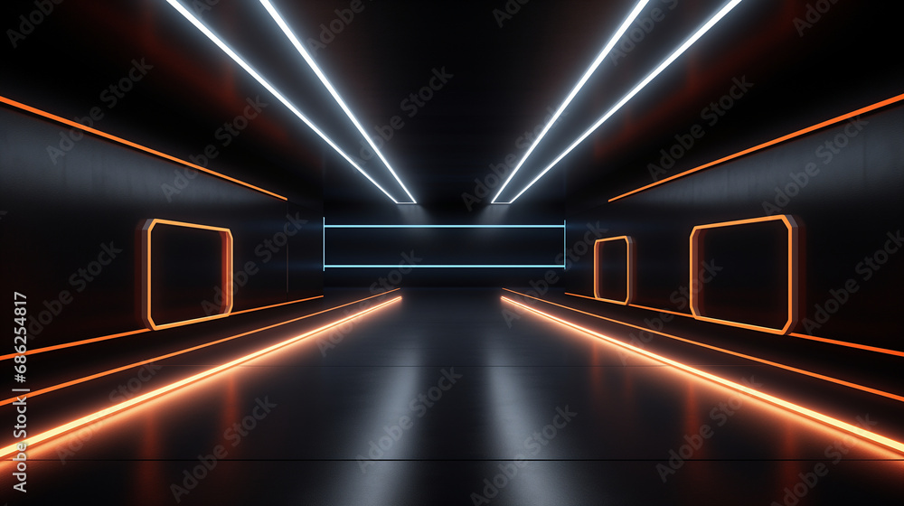 A dark, minimalist hallway in a futuristic underground hangar is illuminated by neon lights.