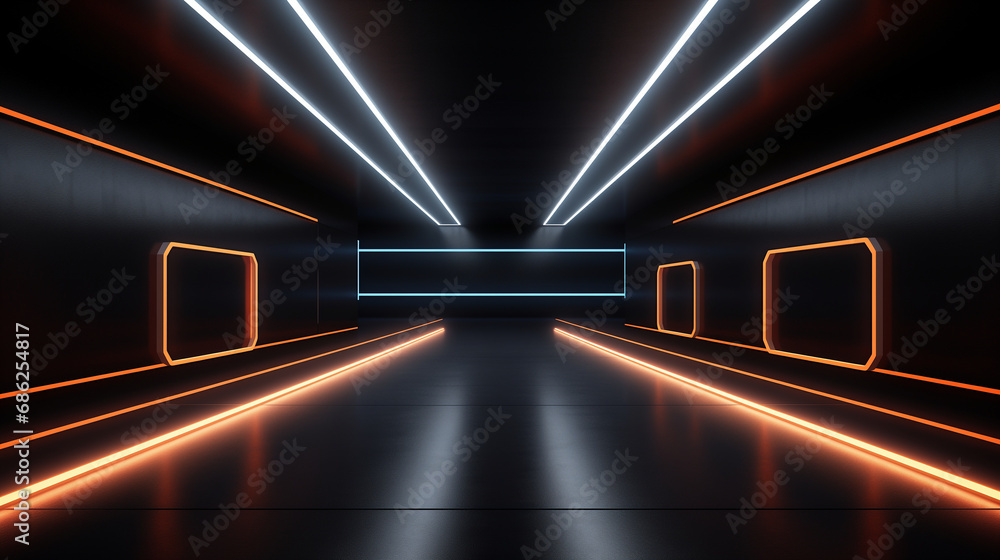 A dark, minimalist hallway in a futuristic underground hangar is illuminated by neon lights. A dark, minimalist hallway in a futuristic underground hangar is illuminated by neon lights.