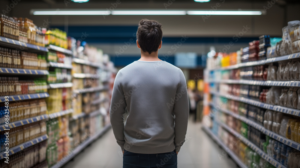 A casual style man in a supermarket, back view