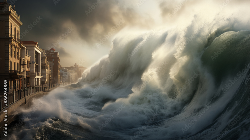 A giant wave crashes into a coastal city
