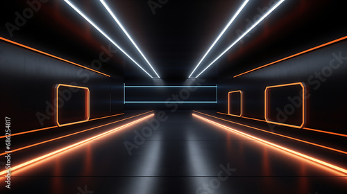 A dark, minimalist hallway in a futuristic underground hangar is illuminated by neon lights. © sandsun
