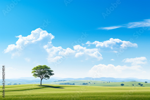 beautiful tree on a green meadow with blue and white sky, summer landscape generative ai