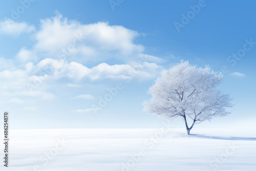 lonely white tree in the middle of a snowy field. generative ai