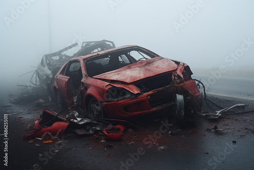 car accident due to fog, crashed vehicle poor visibility on the road generative ai