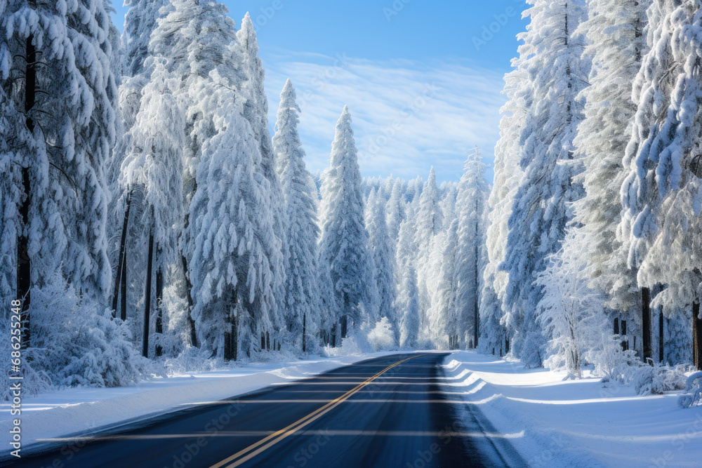Fototapeta premium road along a snowy forest generative ai