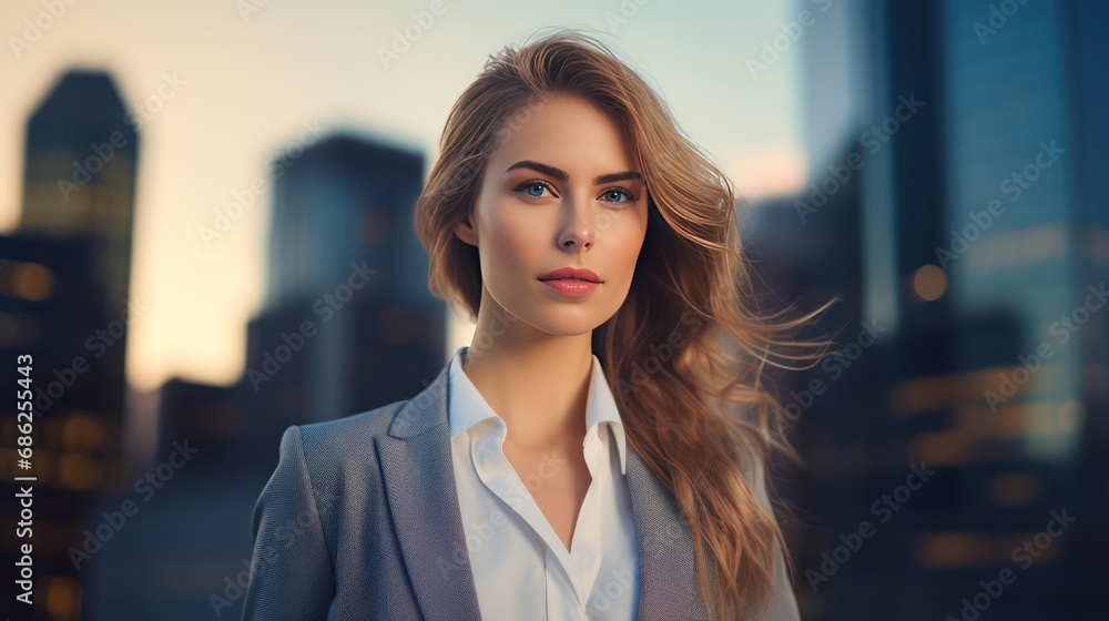 Successful Woman in 30s Confident Professional in Stylish Business Attire Stands in Front of Modern City Skyline Successful Woman in 30s Confident Professional in Stylish Business Attire Stands in Front of Modern City Skyline
