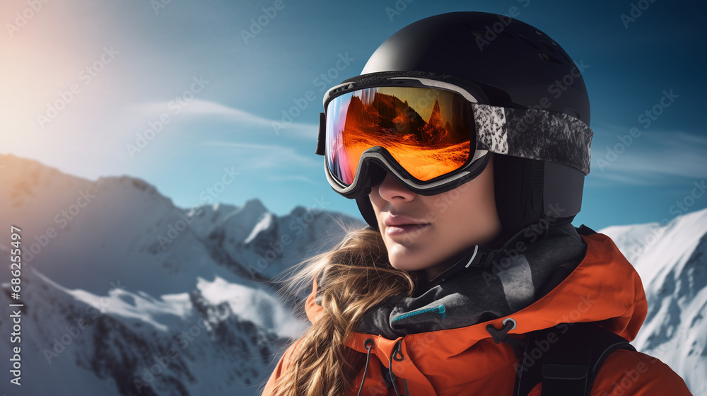 Portrait of a woman in a snowboard helmet and goggles in the winter mountains