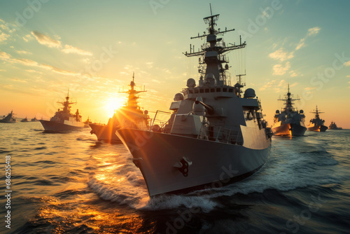 military navy sails across the sea on sunset background generative ai photo