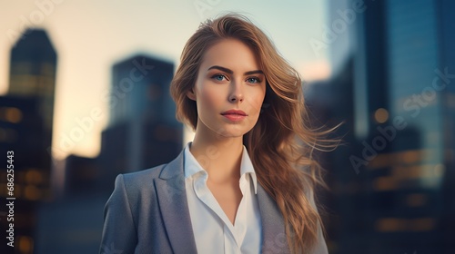 Successful Woman in 30s Confident Professional in Stylish Business Attire Stands in Front of Modern City Skyline