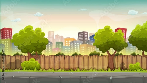 Cartoon City Landscape With Parallax Effect/ 4k animation of a 3d cartoon urban city landscape zooming in with depth of field blur and place to put message or party invitation