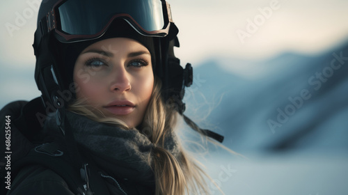 Portrait of a woman in a snowboard helmet and goggles in the winter mountains © sandsun