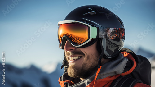 Portrait of a man in a snowboard helmet and goggles in the winter mountains