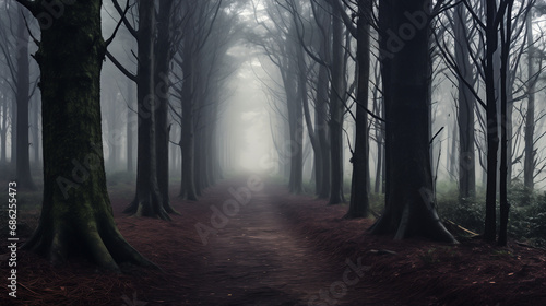 A mystical white fog drifts through a depressing autumn forest, creating a mood of sadness and loneliness