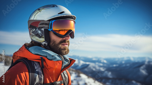 Portrait of a man in a snowboard helmet and goggles in the winter mountains © sandsun